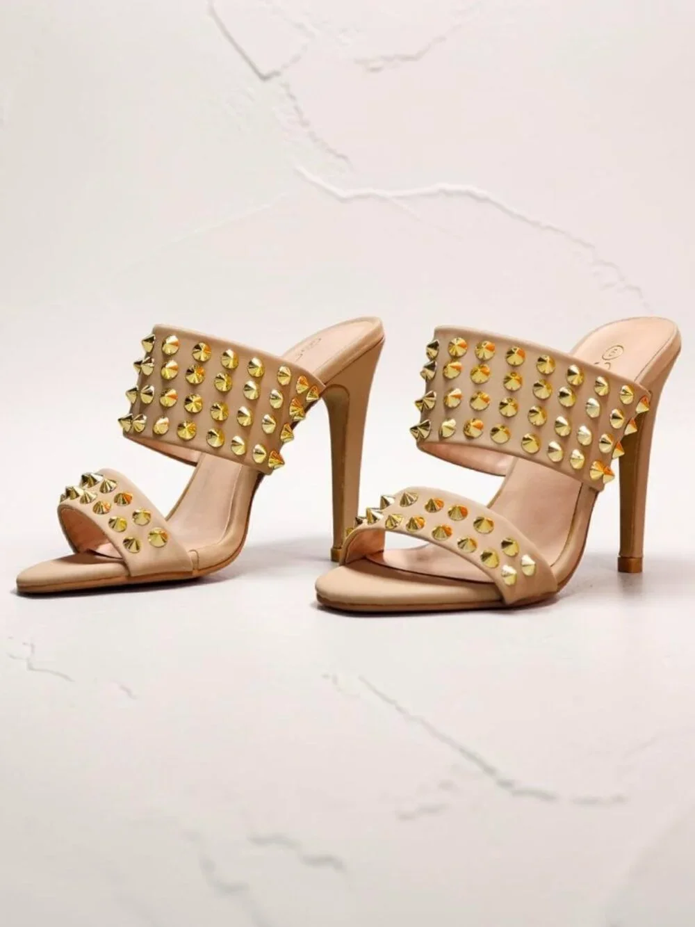 Studded Taupe High-Heel Sandals With Gold Accents & Open Toe Design